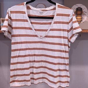 Madewell White and Brown Striped V-Neck Tee